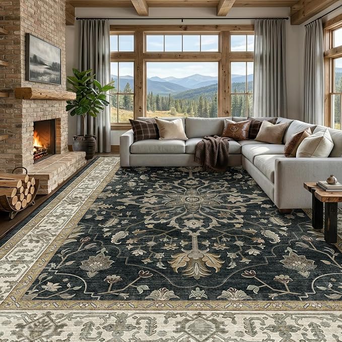 RELEANY Area Rugs Large 10'x14' Washable Non-Slip, Floral Vintage Distress by RELEANY