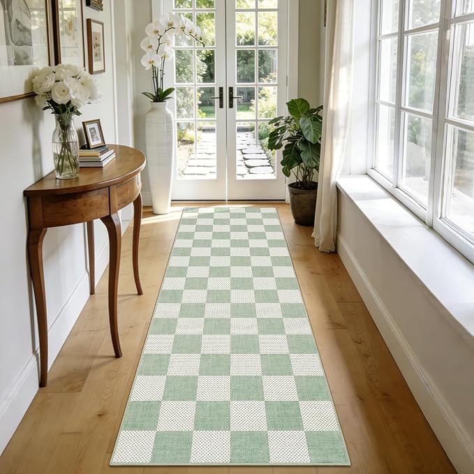 GarveeHome Checkered Sage Green 2x6 Washable Kitchen Runner Rus Geometric - Image 2