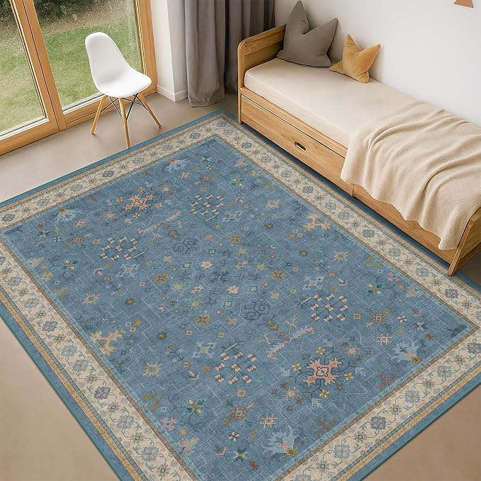 5x8 Rug for Living Room, Boho Eclectic Area Rugs Blue Modern Low-Pile Carpet - Image 3