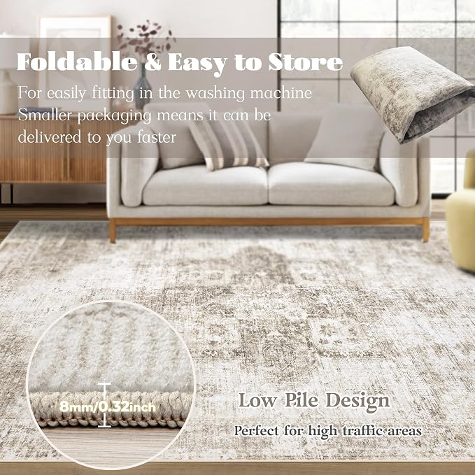 Area Rug 10x12 Washable Rug, Vintage Boho Medallion Rugs Non-Slip Soft Low Pile - Image 7