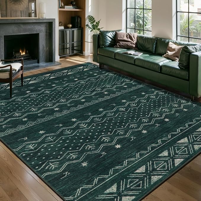 SERISSA 5x7 Area Rugs for Living Room, Washable Non-Slip Dark Green Boho Rug by SERISSAHomeDecorCollection