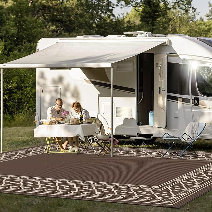 GENIMO Outdoor Rug Waterproof for Patio, Outside Area Mat for Rv, Coffee & Beige - Image 3