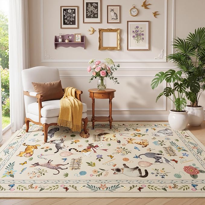 Unirea 4x6 Beige Cat Area Rug for Bedroom, Living Room, Medium Washable Kids Rug - Image 8