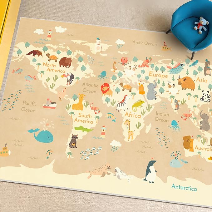 Kids Bedroom Rug with World Map & Animals – 4x6 Educational Washable Play Mat - Image 8