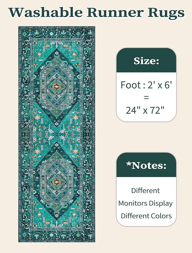 SERISSA Boho Washable Runner Rug, 2x6 Rug Runner Non-Slip Vintage Teal Hallway - Image 6