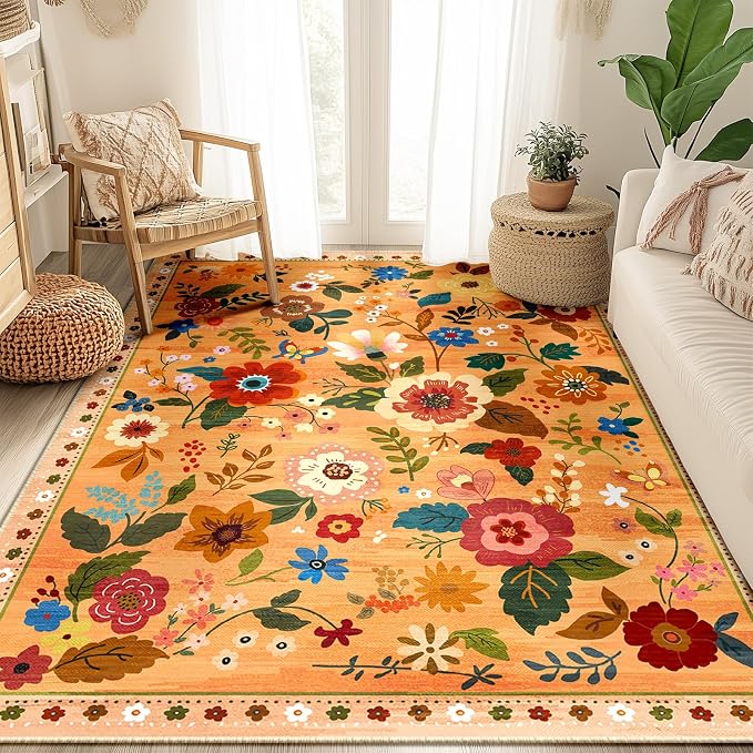 RELEANY Floral 5x7 Area Rugs Washable Print Boho Cute Carpet Non Slip Flower - Image 2
