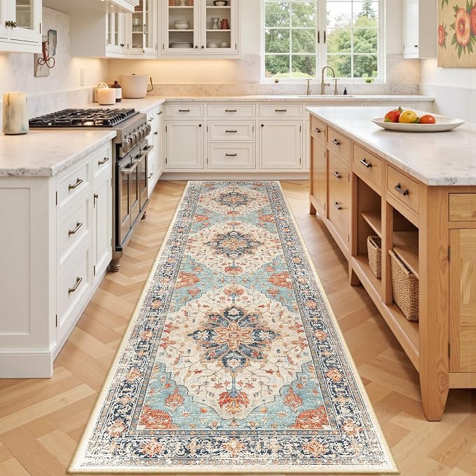 RELEANY Area Rugs Runner 3'x9' Washable Non-Slip, Floral Vintage Distress by RELEANY