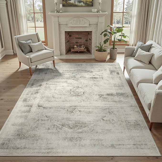 DCX 4x6 Beige Rug, Machine Washable Stain Resistant Distressed Vintage Rug by DCXWashableRug