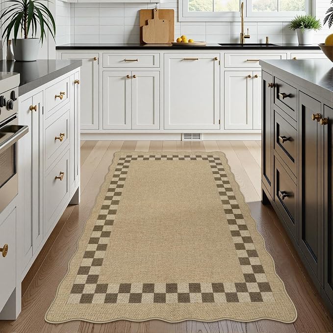 LIVEBOX Scalloped Easy Jute Checkered 3x5 Outdoor Rug, Washable Non-Slip Tan - Image 2