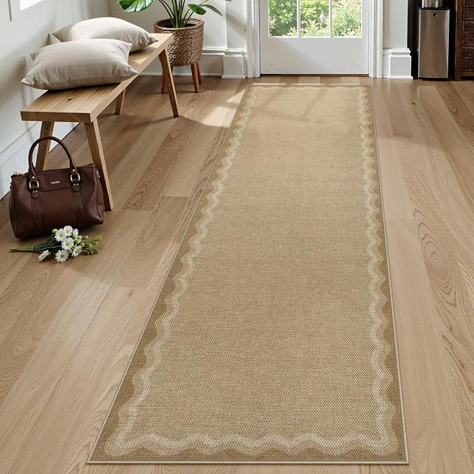 LIVEBOX Scalloped Washable 2x8 Kitchen Runner Rug, Easy Jute Geometric Tan Rug by LIVEBOX