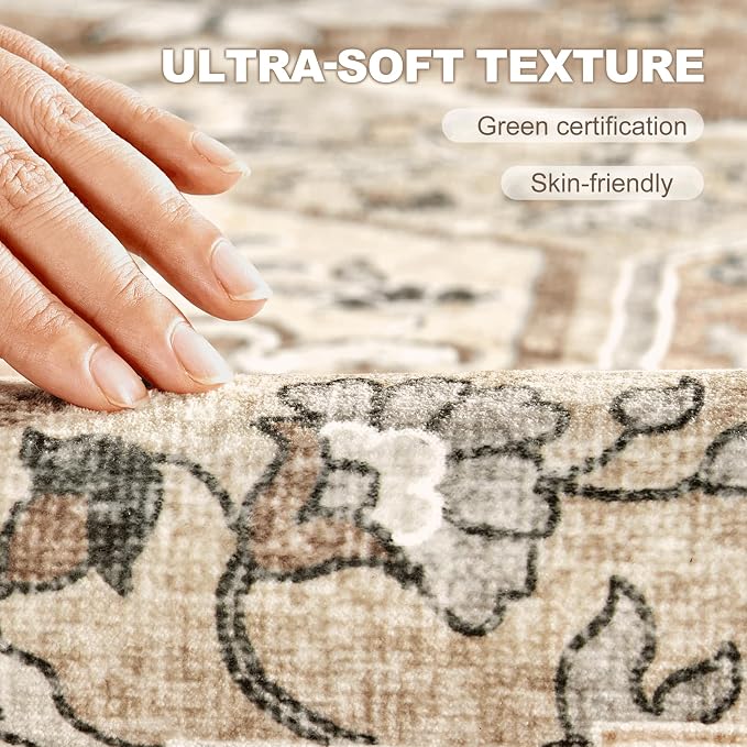 9x12 Washable Area Rug: Vintage Neutral Soft Non Slip Thin Large Floor Carpet - Image 4