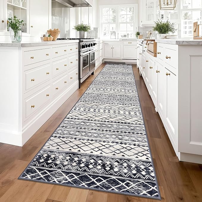 KUTA Boho Runner Rug for Hallway 2.6x14 Moroccan Washable Black Navy Blue Rugs - Image 2