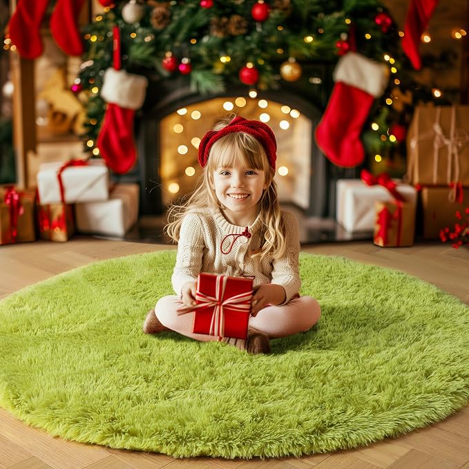 Grass Green Round Rug 4Ft for Bedroom, Fluffy Shag Circle Area Rugs for Kids - Image 7