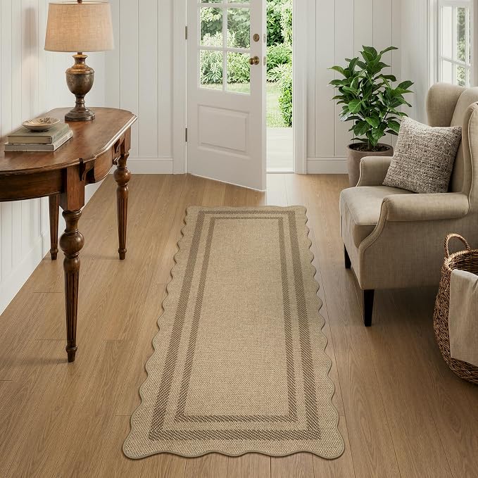 LIVEBOX Scalloped Easy Jute 2x5 Runner Kitchen Rug, Washable Non Slip Tan Rugs - Image 9