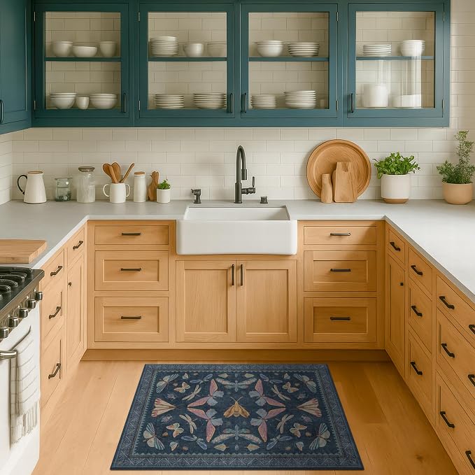 Dark Blue 2x4 Non Slip Bathroom Rug, Washable Vintage Boho Insect Carpet - Image 6