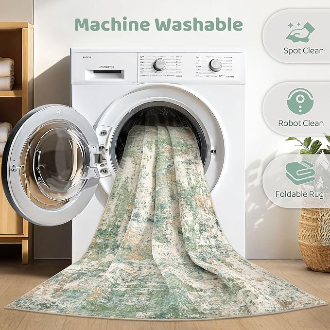 LOONGRUG 5x7 Area Rugs Living Room: Washable Large Abstract Soft Green Rug - Image 2