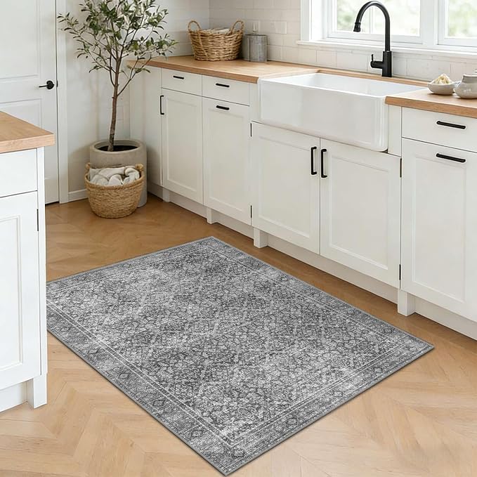 Latte&Fog 2x3 Entryway Rug, Small Vintage Grey Door Mat, Washable Kitchen Rug - Image 4