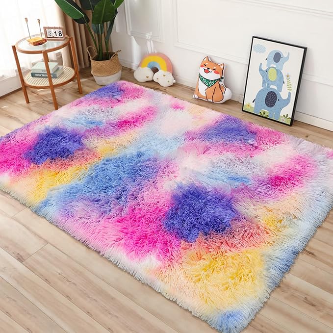 Rainbow Area Rugs 4x6 ft, Tie-Dyed Unicorn Fluffy Fuzzy Shaggy Carpet Soft - Image 7