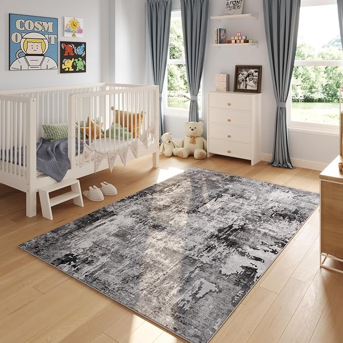 Rugcomf 4x6 Rug Washable Boho Soft Area Rug Abstract Pattern Non-Slip Faux Wool - Image 2