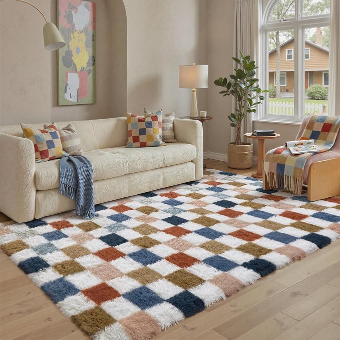 PureCozy Checkered Rug 5x8 for Living Room, Modern Rainbow Shag Rug Super Soft by PureCozy
