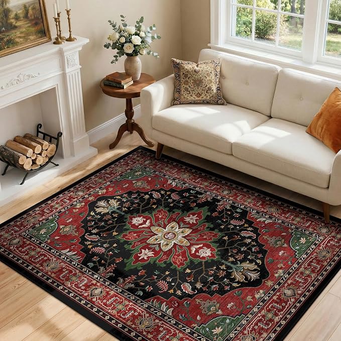 RELEANY Area Rugs 4'x6' Washable Non-Slip, Floral Vintage Distress Medallion by RELEANY