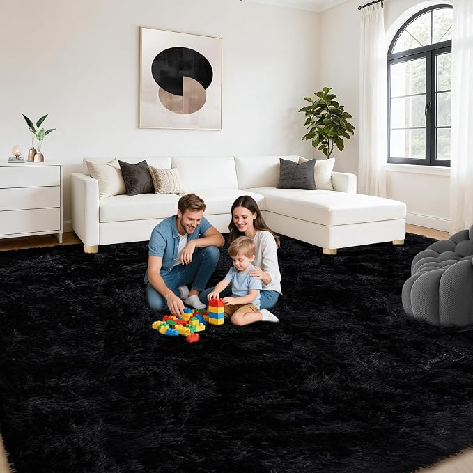 8x10 Area Rugs for Living Room: Soft Black Fluffy Rug Shag Washable Rug Plush - Image 3