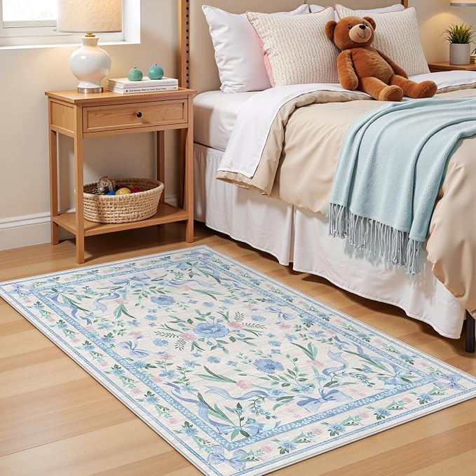 Blue Floral Rug 3x5 for Girls Bedroom or Nursery, Cute Bow Washable Area Rug - Image 2