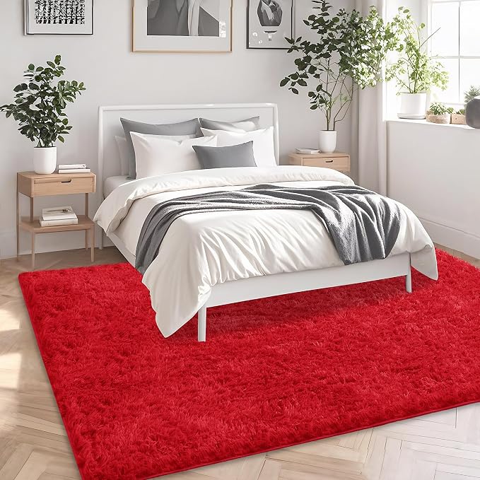 Red Shag Area Rug for Bedroom, 4x6 Fluffy Shaggy Rugs for Living Room Nursery - Image 4