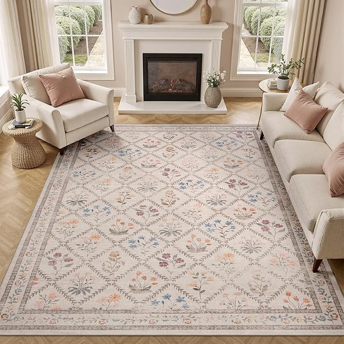 DCX Washable 8x10 Rose Biege Floral Rug by DCXWashableRug