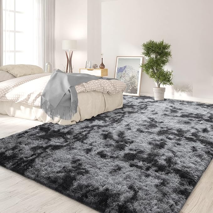 FlyDOIT Large Area Rugs for Living Room, 5x8 Feet Tie-Dyed Dark Grey Shaggy Rug - Image 3