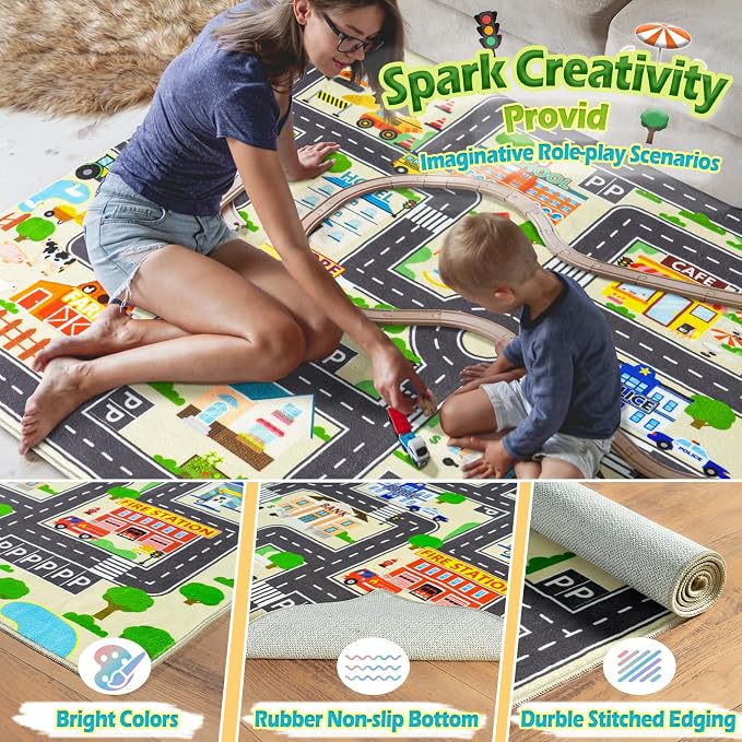 Car Rug Play Mat for Kids Toy Cars, City Road Traffic Playmat for Kid Bedroom - Image 3