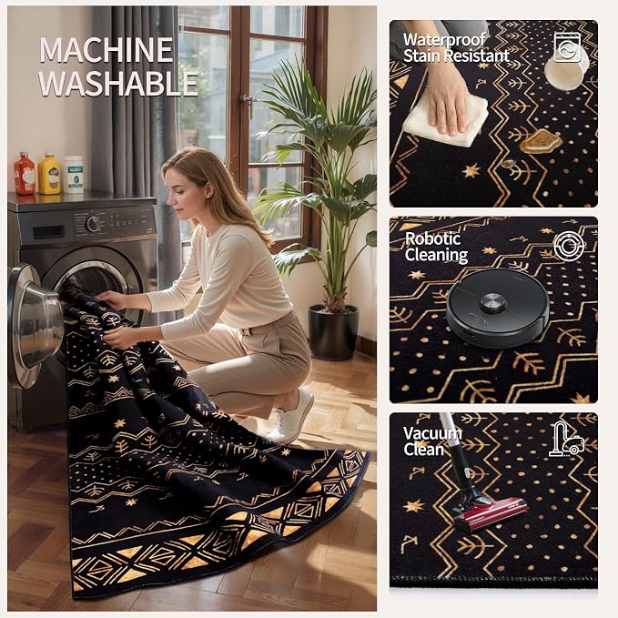 SERISSA 4x6 Area Rugs for Living Room, Washable Non-Slip Black and Gold Boho Rug - Image 4