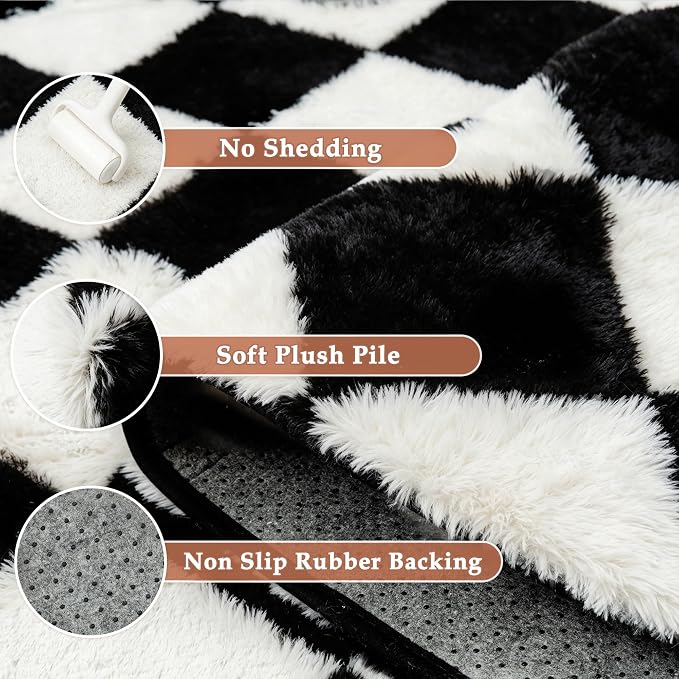 PureCozy Checkered Rug 4x6 Fluffy Shag Living Room Black and White Area Rug - Image 6