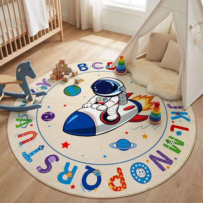 Astronaut Space Kids Round Rug 5ft, Washable Alphabet ABC Circle Carpet by KiginaraArt