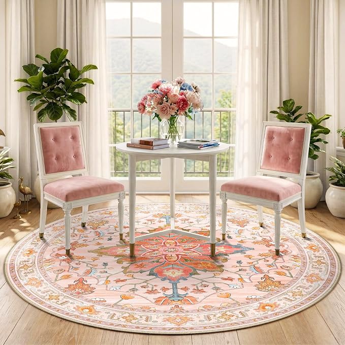 RELEANY Area Rugs Round 5ft Washable Non-Slip, Floral Vintage Distress - Image 2