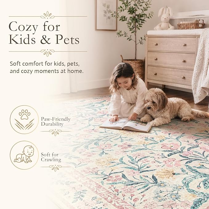 Wonnitar Floral Large Rugs for Living Room, Soft Light Pink Rug Washable 9x12 - Image 6