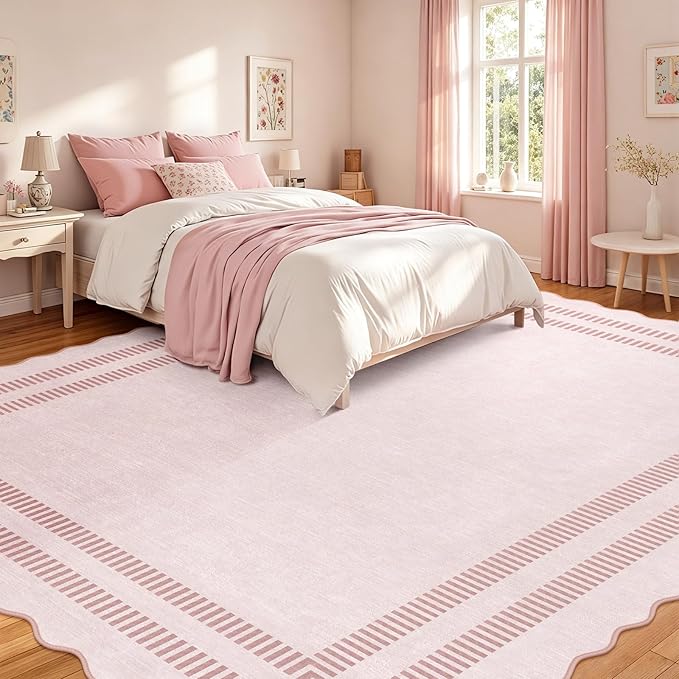 Pink Rugs for Living Room 9x12, Machine Washable Scalloped Area Rugs for - Image 3