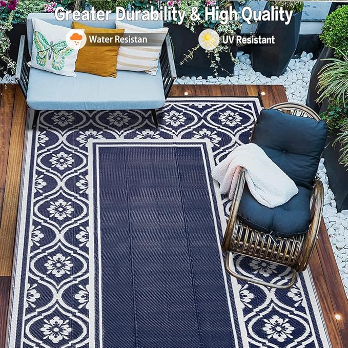 HUGEAR Patio Rug 10'x14' Waterproof Outside Area Rugs Reversible Blue Outdoor - Image 5