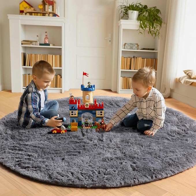 ONASAR Grey Round Rugs 7ft for Living Room, Fluffy Bedroom Circle Area Rug - Image 4