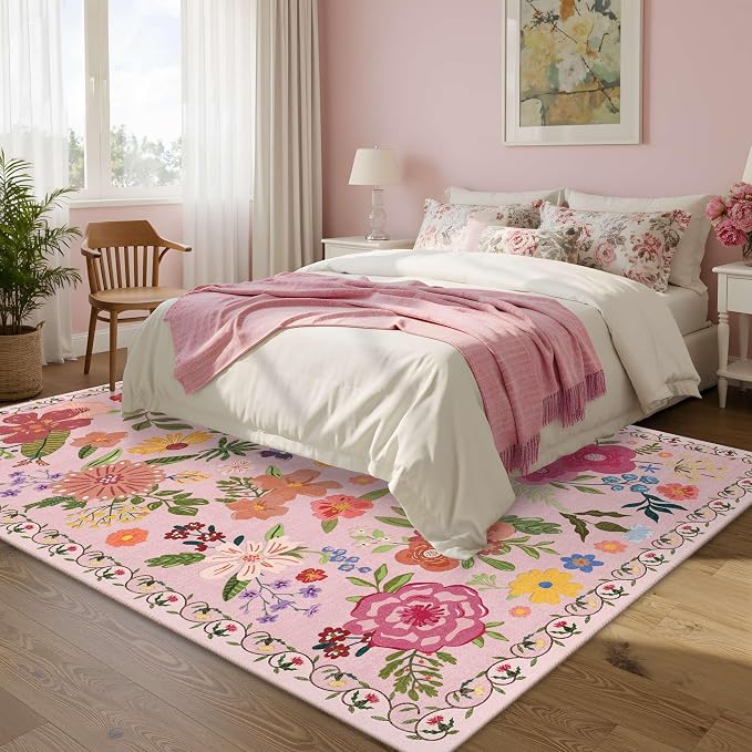 Latte&Fog Floral Area Rugs, Living Room, Cute Nursery Dorm, Non Slip Low Pile - Image 4