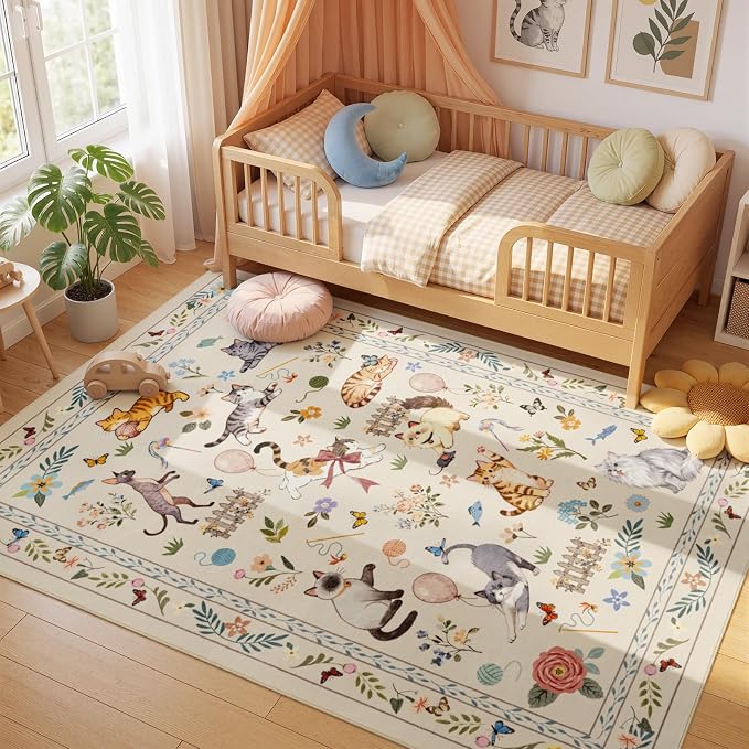 Unirea 4x6 Beige Cat Area Rug for Bedroom, Living Room, Medium Washable Kids Rug by UNIREA