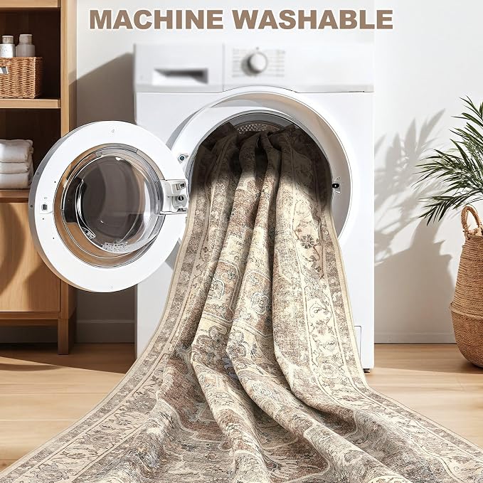 9x12 Washable Area Rug: Vintage Neutral Soft Non Slip Thin Large Floor Carpet - Image 5