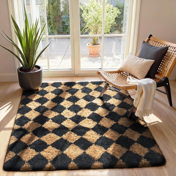 Ophanie Black & Beige Diamond Checkered Rugs - Image 3