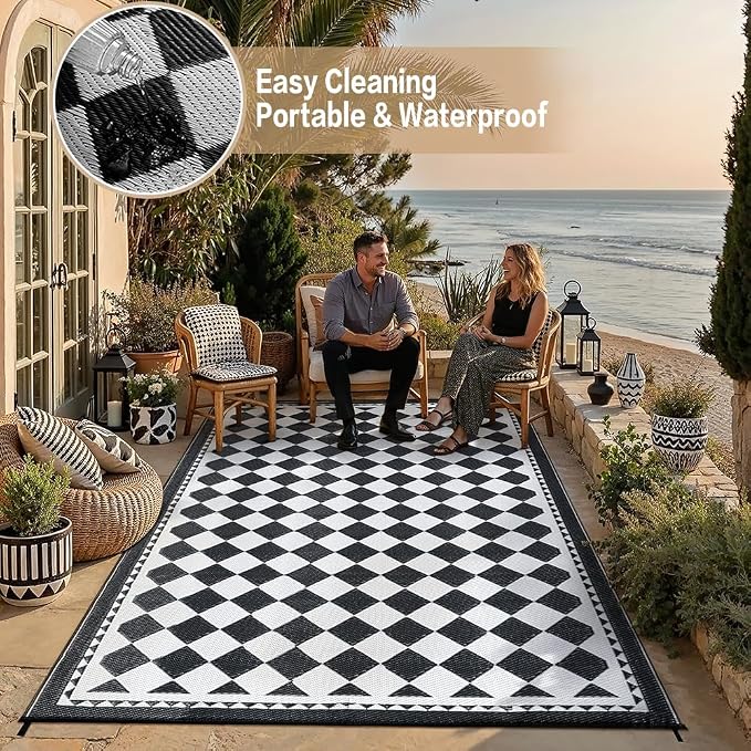 HUGEAR Outdoor Waterproof Rug 9'x12' Plastic Straw Rugs Washable Reversible - Image 5