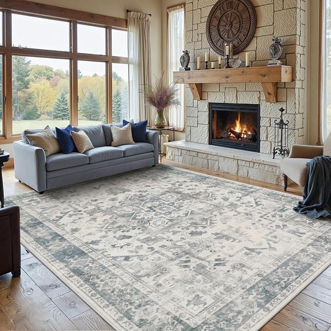 Rugxara 8x10 Washable Area Rug for Living Room, Extra Large Neutral Vintage by Rugxara
