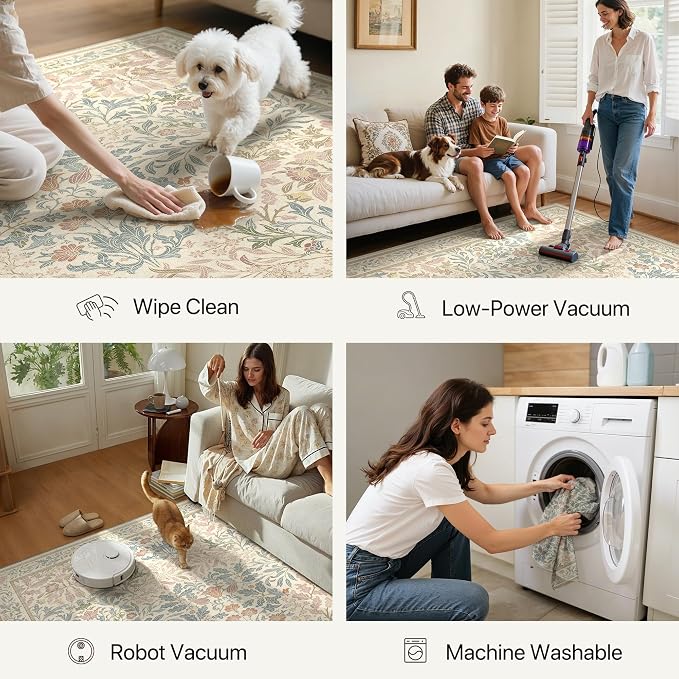 GENIMO 5x7 Washable Area Rug, Non-Slip Vintage Boho Floral Carpet, Soft - Image 6