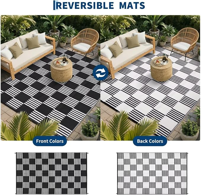 Garvee Waterproof Outdoor Rug 6x9, Checkered Foldable Plastic Straw Patio - Image 3