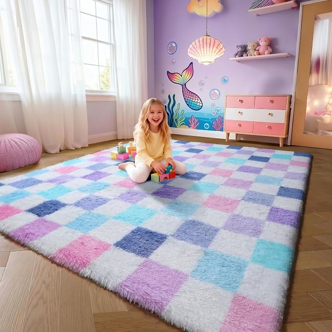 KICMOR Purple Rainbow Checkered 6x9 Area Rugs by KICMOR