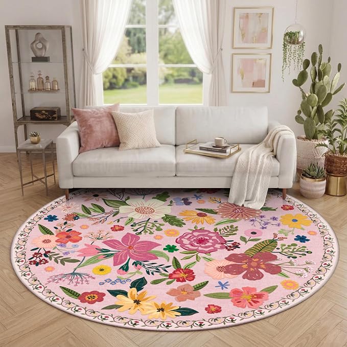 Latte&Fog Pink Floral Round Area Rug 6ft, Washable Vintage Circle Floral Rug - Image 3