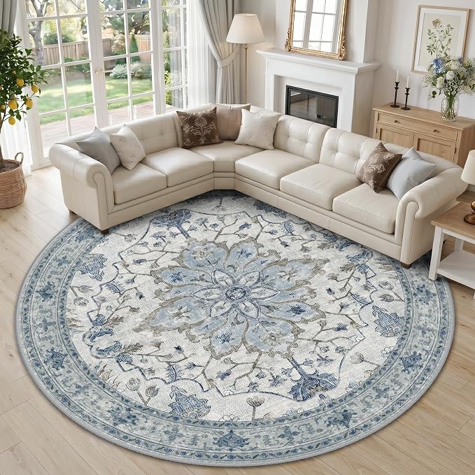 RELEANY Area Rugs Round 10ft Washable Non-Slip, Floral Vintage Distress by RELEANY